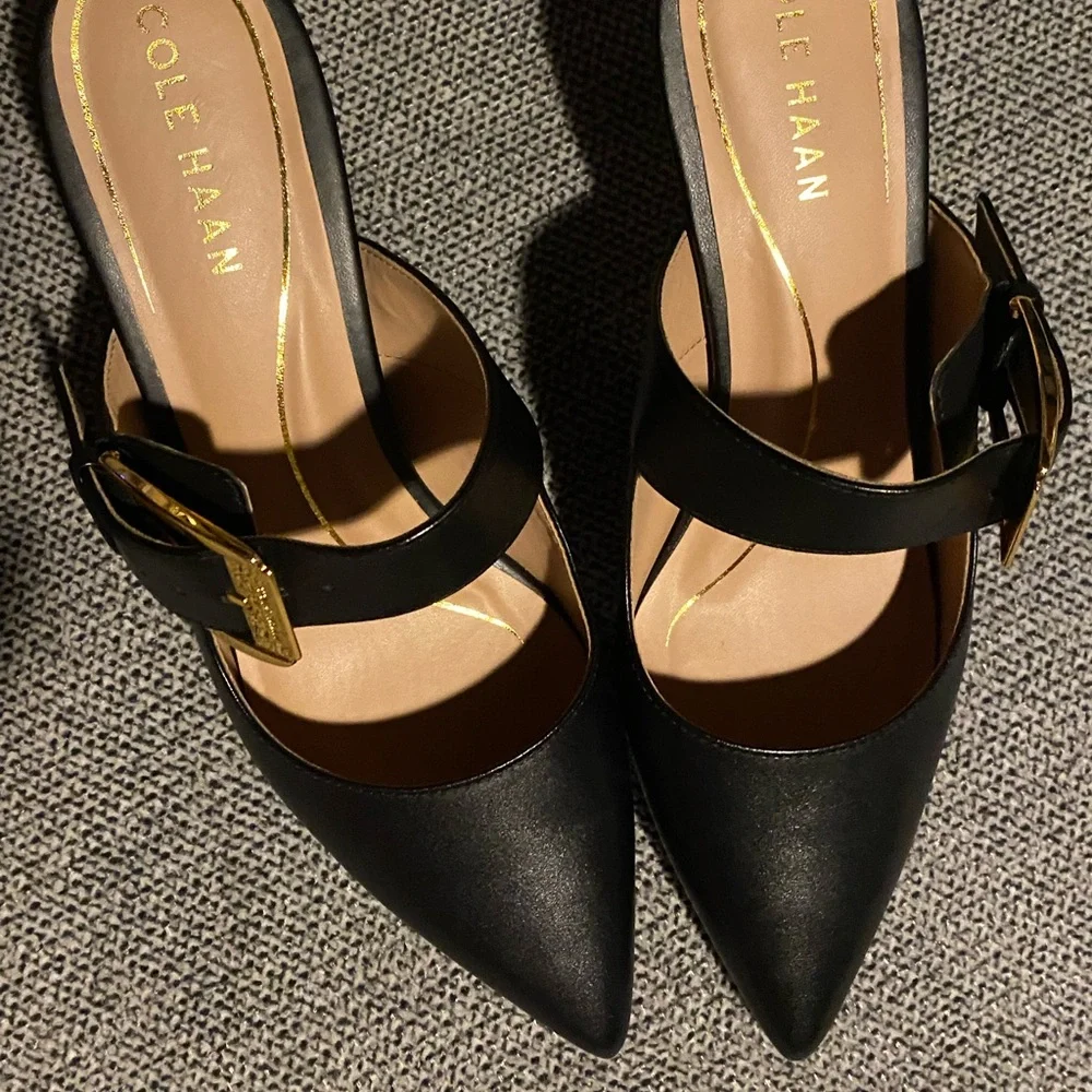 (NWOT)COLE HAAN-Kitten Heel Mules with Gold Buckle - Picture 3 of 16